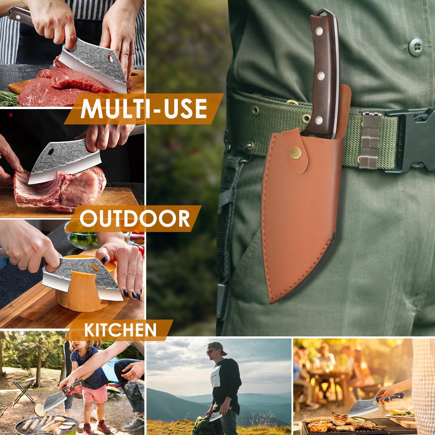 Boning Knife - Uniquefire 6 Inch Butcher Knife, Hammered Forged Chef Cleaver, Handmade Serbian Knife, Full Tang Kitchen Knife, High Carbon Blade Knife with Sheath for Hunting, BBQ, Camping image number 6