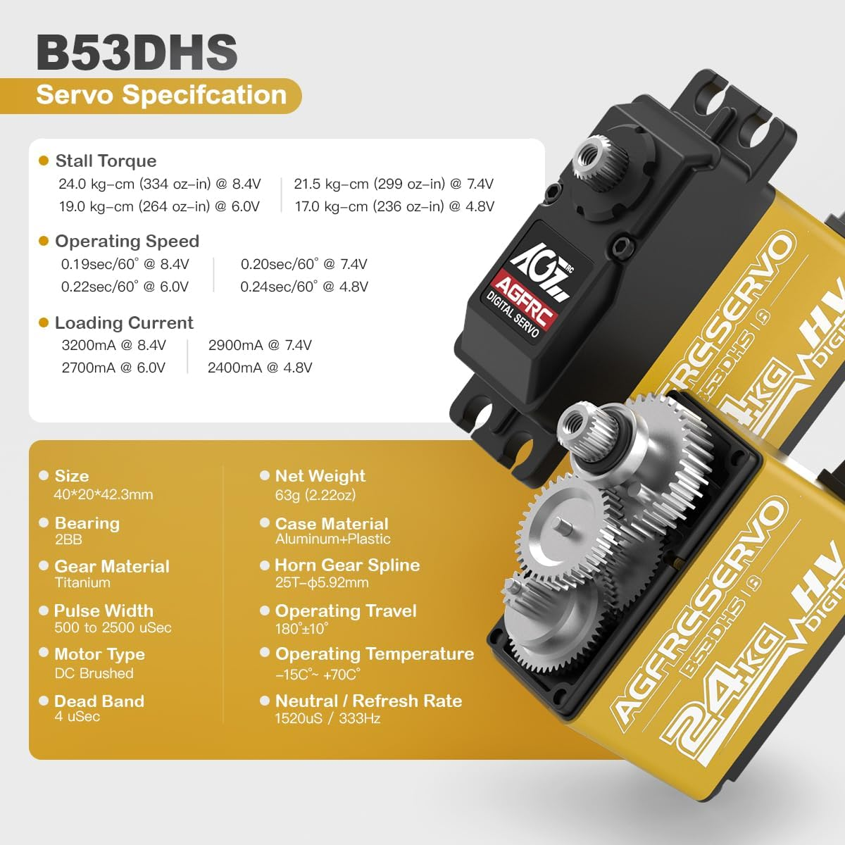 AGFRC 24KG Digital High Torque Servo Programmable Metal Gear Steering Servo for 1/10 RC Model, 180 Degree (B53DHS) image number 6