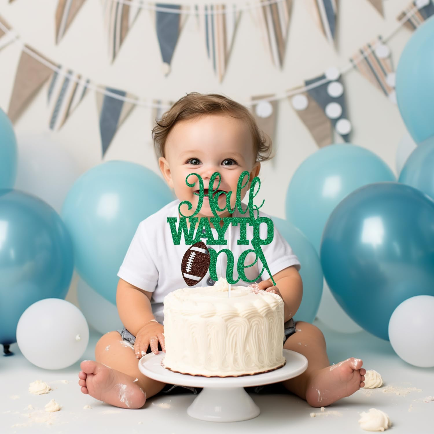 Green Glitter Half Way to One Cake Topper, It'S My 1/2 Birthday/1/2 Way to One, Soccer Football Themed Baby'S 6 Months Birthday Party Decorations for Baby Boys Girls image number 6