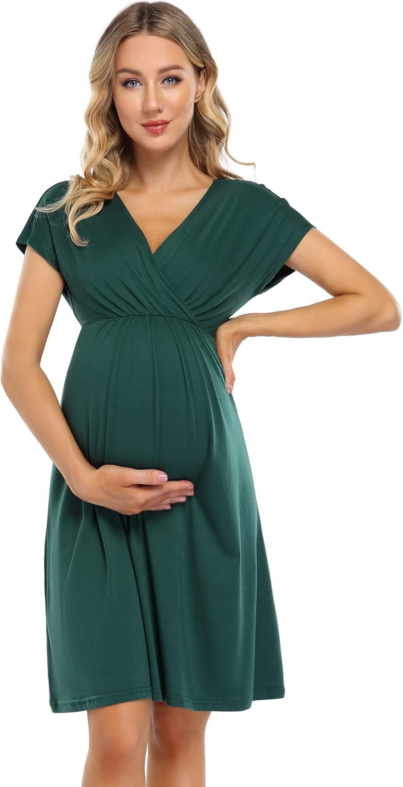 Coolmee Maternity Dress Women'S V-Neck A-Line Knee Length Wrap Dress Swing Dresses for Baby Shower or Casual Wear image number 2