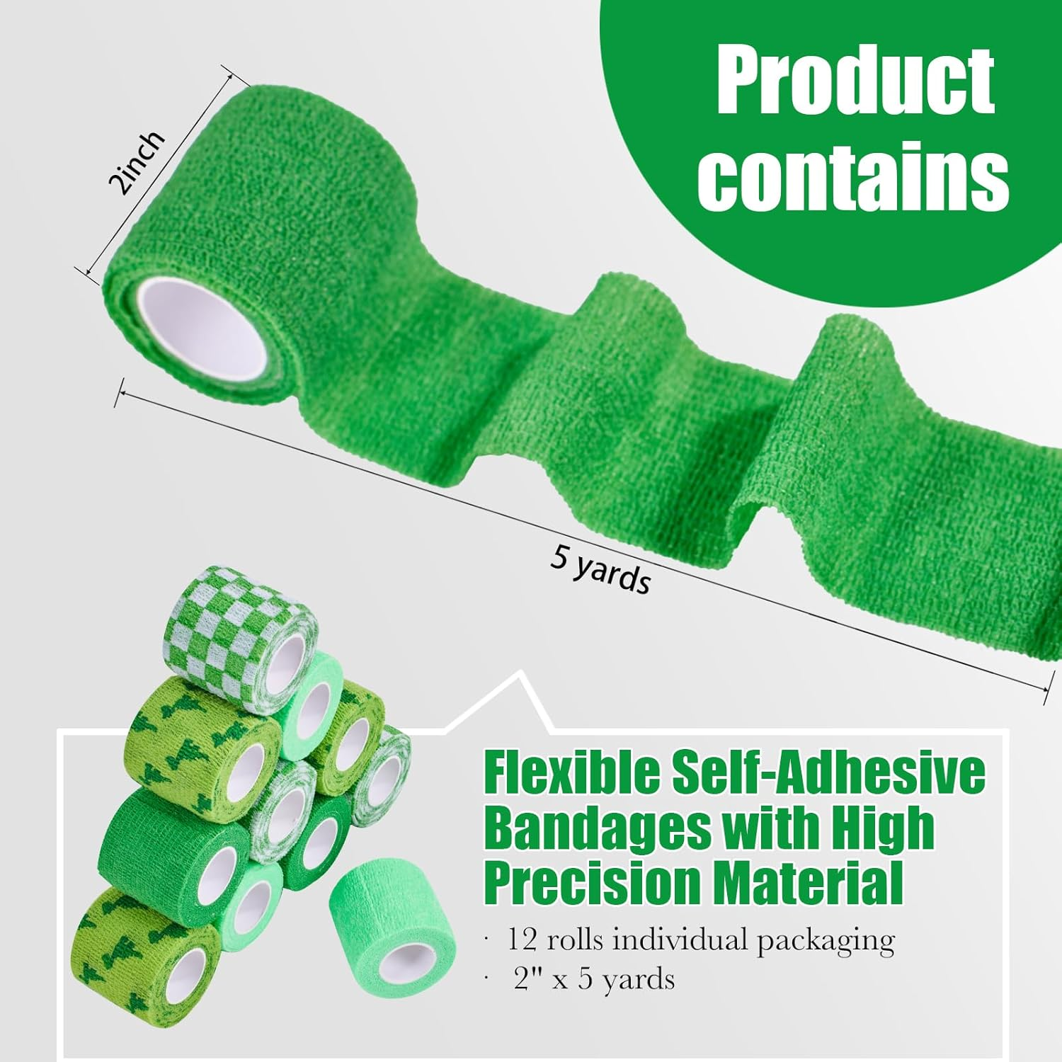 [12Pack 2"X6 Yards] Self-Adhesive Bandages Sports Wrap,Athletic Cohesive Tape for Basketball, Football Injuries,Ankle&Wrist Sprains,First Aid Vet Tape, Thumb Tape Weightlifting (Green) - Green image number 5