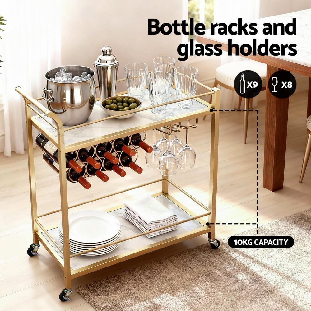 Artiss Bar Cart Drinks Trolley with Marble Effect Shelves, 2-Tier 85Cm Home Serving Cart with Wine Rack Glass Holders - 2 Lockable Wheels Perfect for Kitchen, Living Room, Outdoor, Curved Handle, Gold image number 6