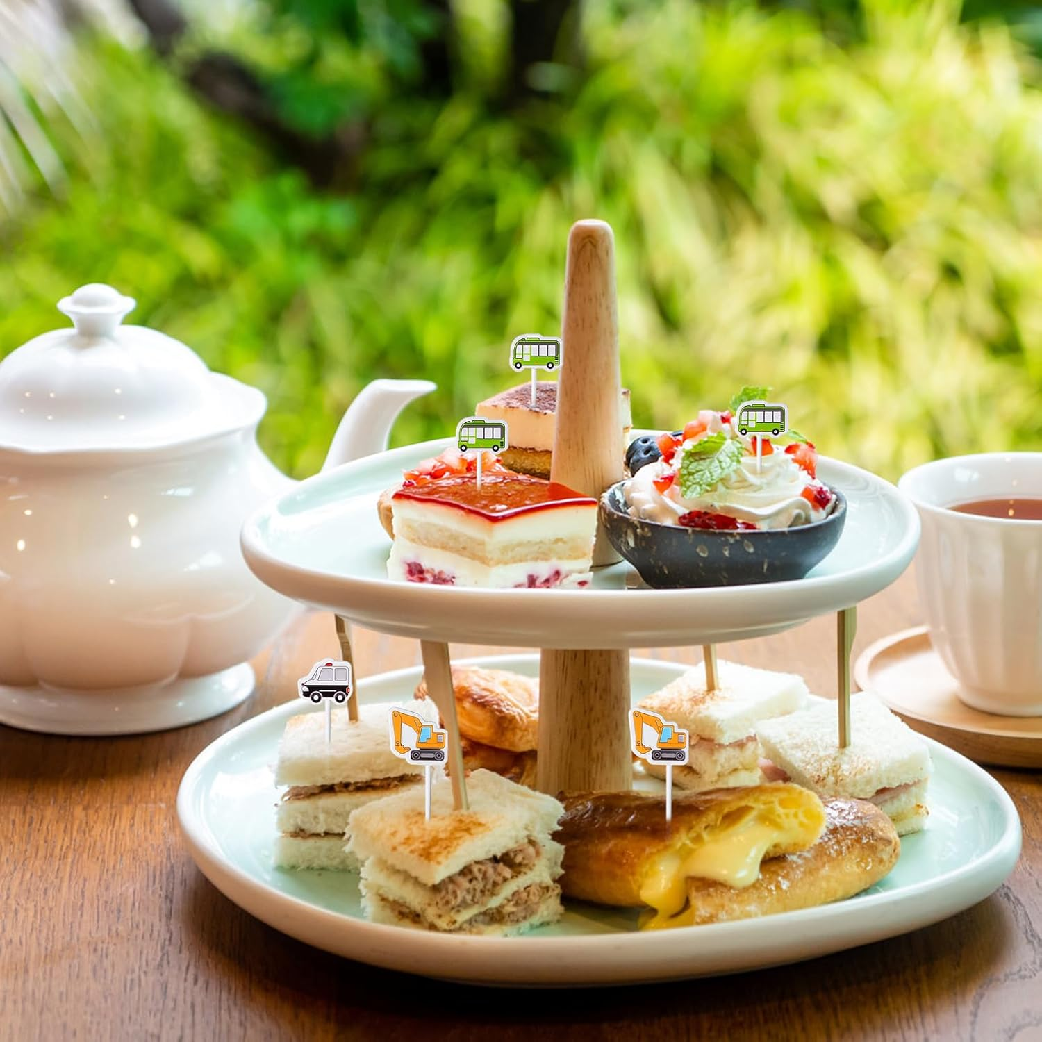 Dewocke Mini Cartoon Food Toothpick Set, 18 Pieces Kids Foods Picks & Toddlers Lunch Decoration, Vehicle Food Fruit Picks Forks for Bento Box, Fun Toothpicks, Pickle Fork, Bento Toothpicks, Small