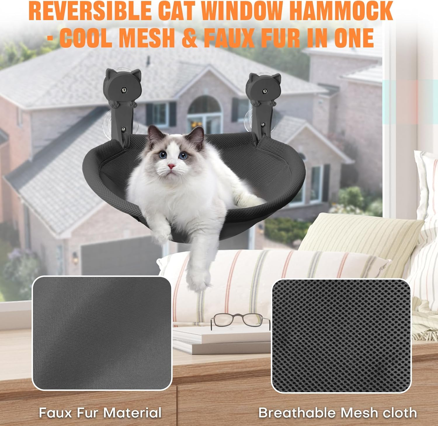 Homegroove Cat Window Perch, 18 X 12 Inch Foldable Cat Hammock for Window with Sturdy Metal Frame, Breathable Cordless Window Bed for Resting Seat for Indoor Cats (Black, 45 X 30 CM) image number 1