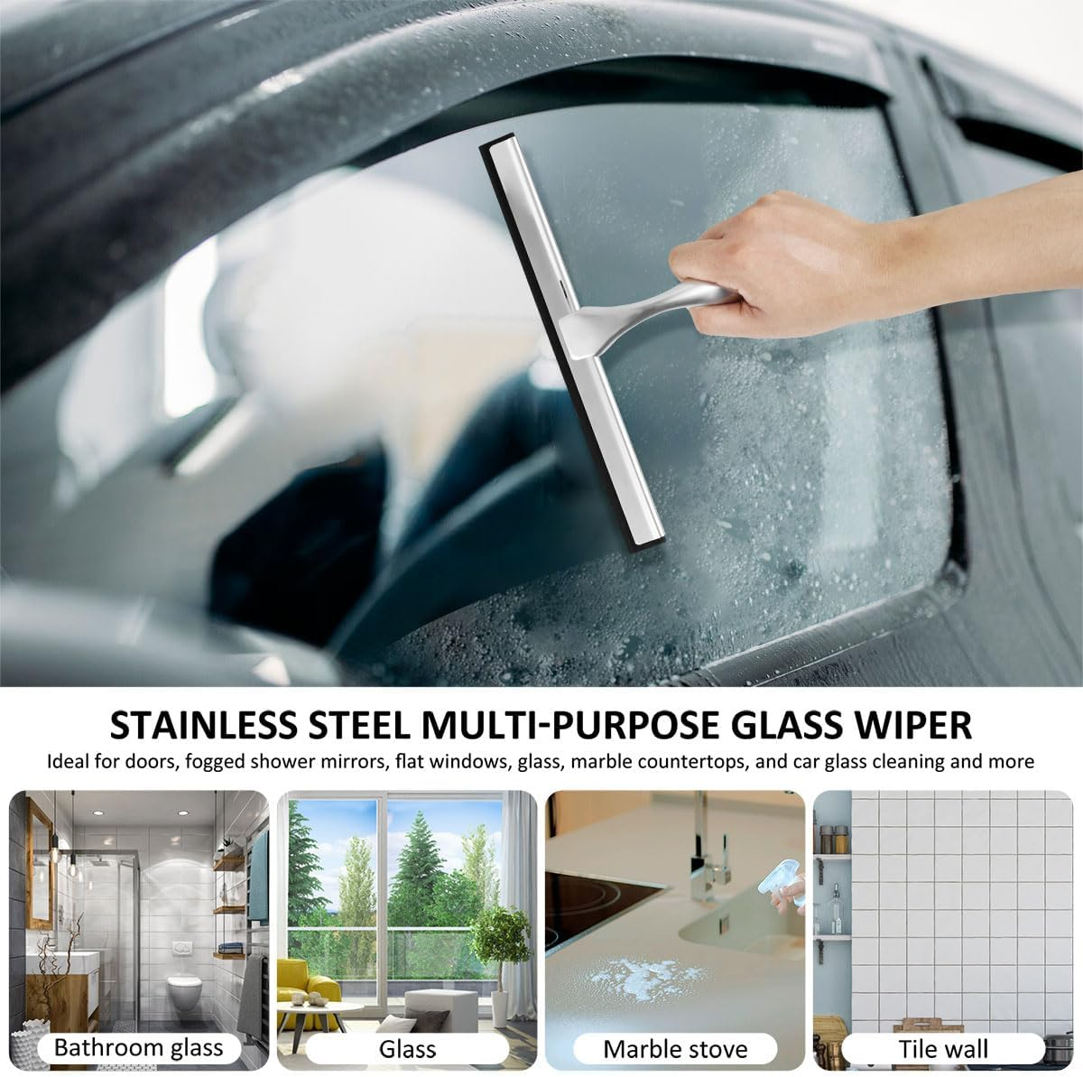 Shower Squeegee with Suction Cup Stainless Steel Window Squeegee Window Glass Wiper Scraper Cleaner with Silicone Blade for Bathroom/Kitchen/Car Glass, 10-Inch (Silver) image number 1