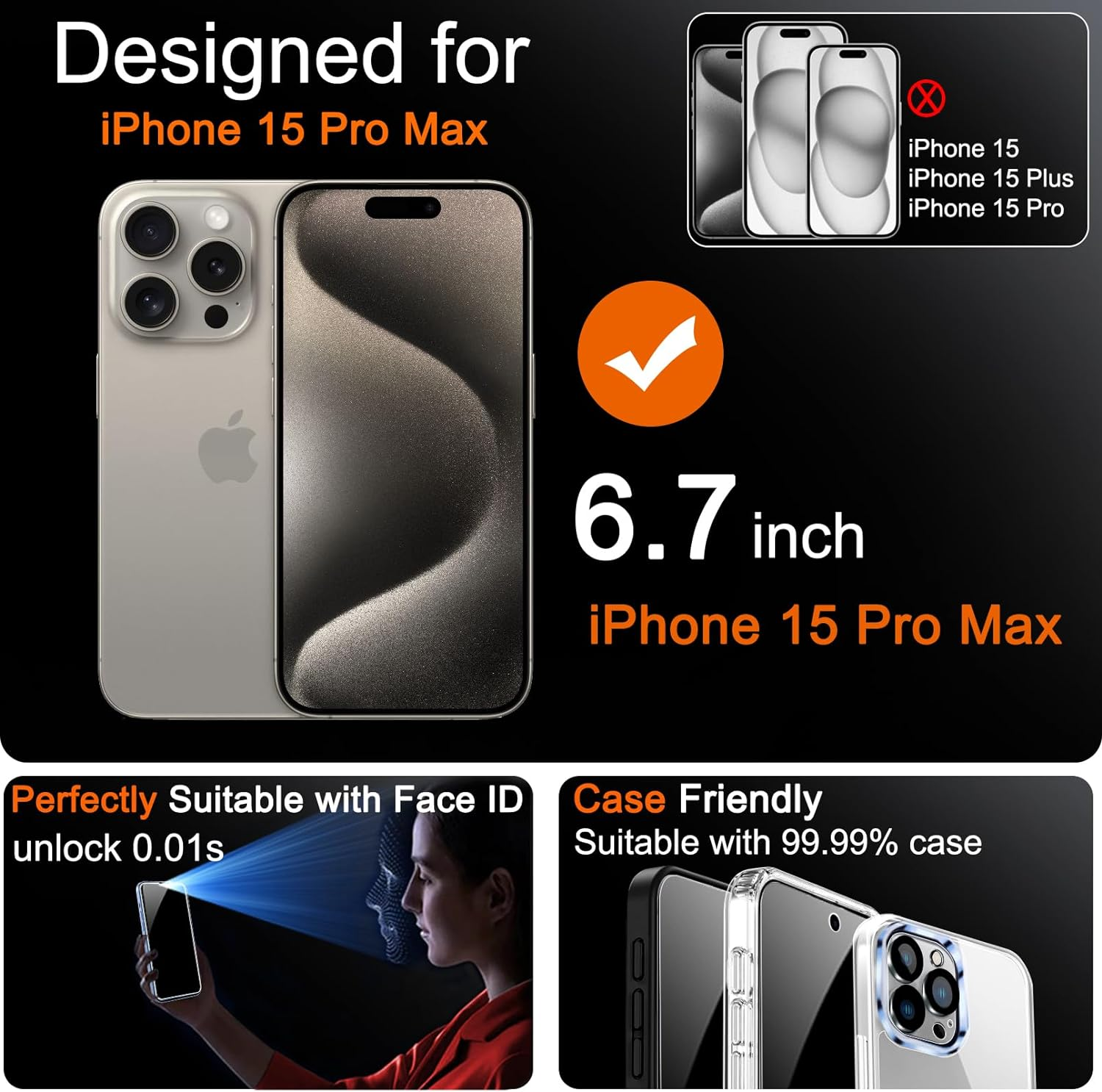Milomdoi 4 Pack Privacy Screen Protector for Apple Iphone 15 Pro Max with 4 Pack Tempered Glass Camera Lens Protector, Ultra 9H Accessories, Case Friendly, Mounting Frame, 2.5D Curved, Black - Black image number 6