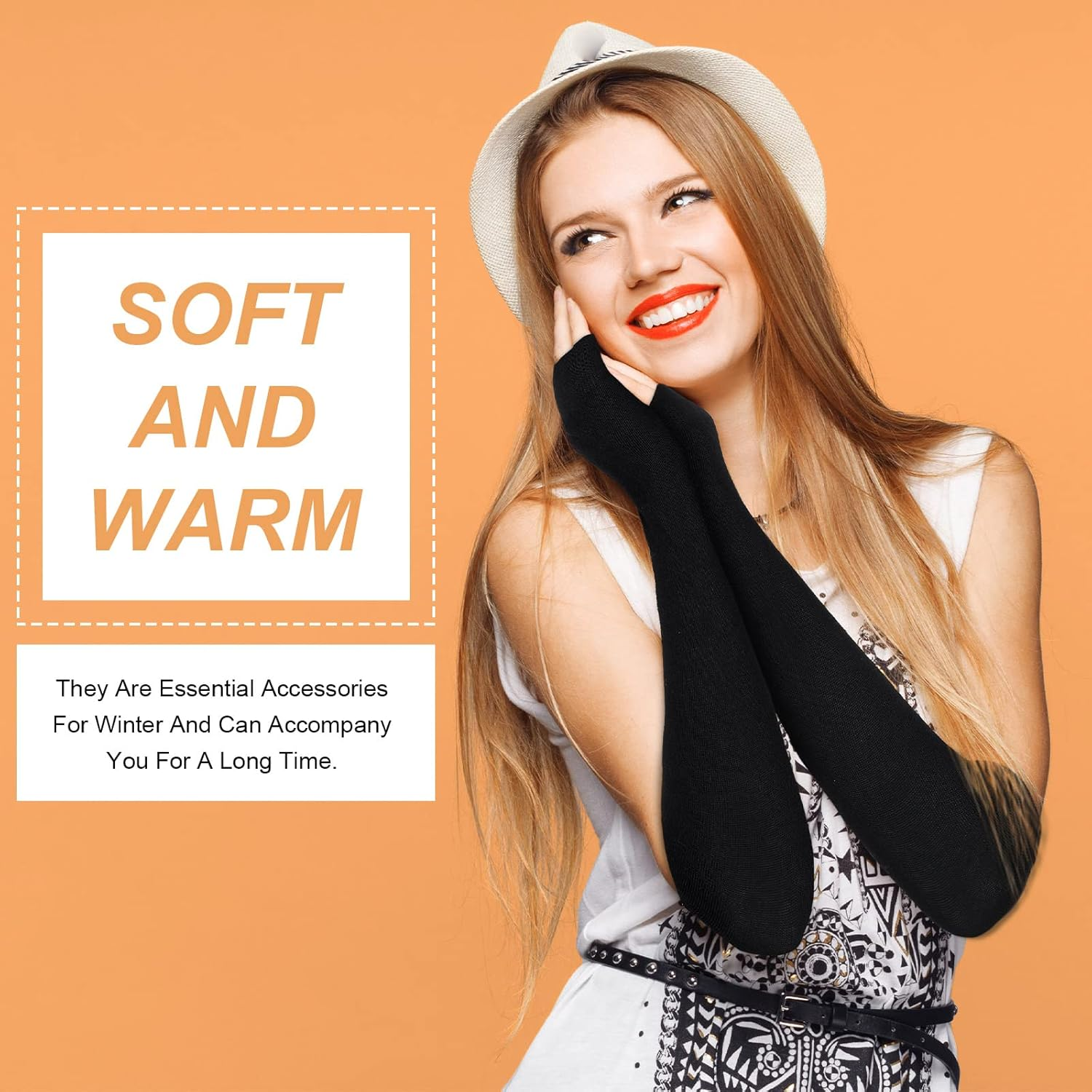 Long Black Fingerless Gloves Arm Warmers Elbow Length Winter Thermal Stretchy Knitted Gloves with Thumb Hole for Women image number 2