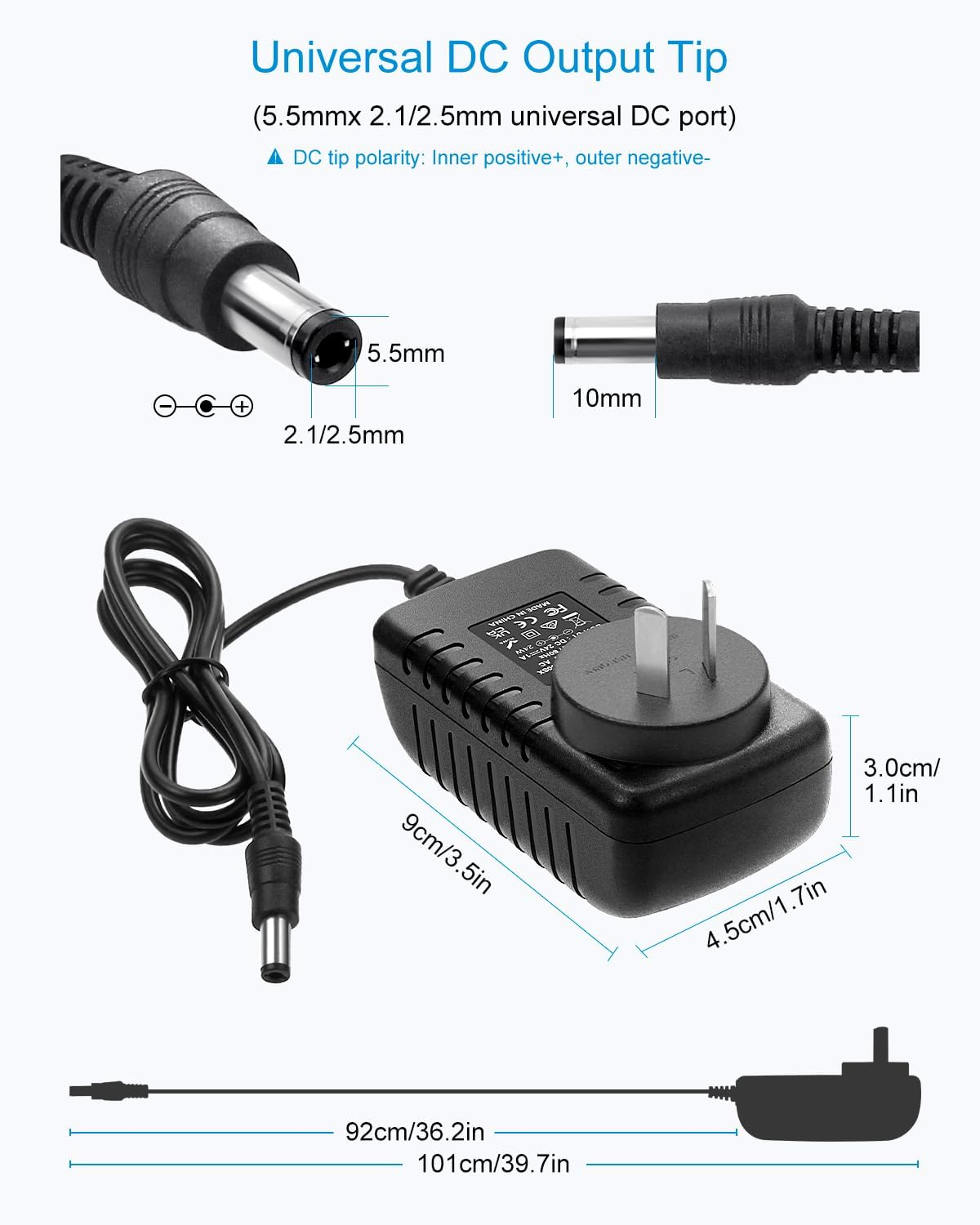 ALITOVE 24V 1A 24W DC Power Supply Adapter 220~240V AC to DC 24 Volt 1 Amp Converter 24 Vdc 1000Ma 800Ma 600Ma 400Ma 200Ma with 5.5Mm X 2.5Mm 2.1Mm Plug for LED Strip Light CCTV Camera DC Pump image number 3