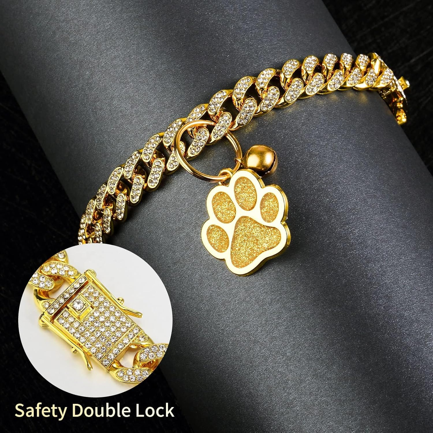 Cat Collar Diamond Chain Glitter Collar Walking Metal with Secure Buckle Cat Pet Necklace with Paw Charm Bell Link Cuban Jewelry Accessories(8 Inch,Gold) image number 2
