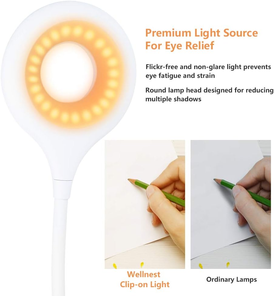 Clip-On Reading Light for Bed - Amber Book Light at Night Rechargeable 5 Brightness Desk Light Clamp Lamp, Touch Control Dimmable Lamp with Flexible Neck, Gentle Night Light (White)