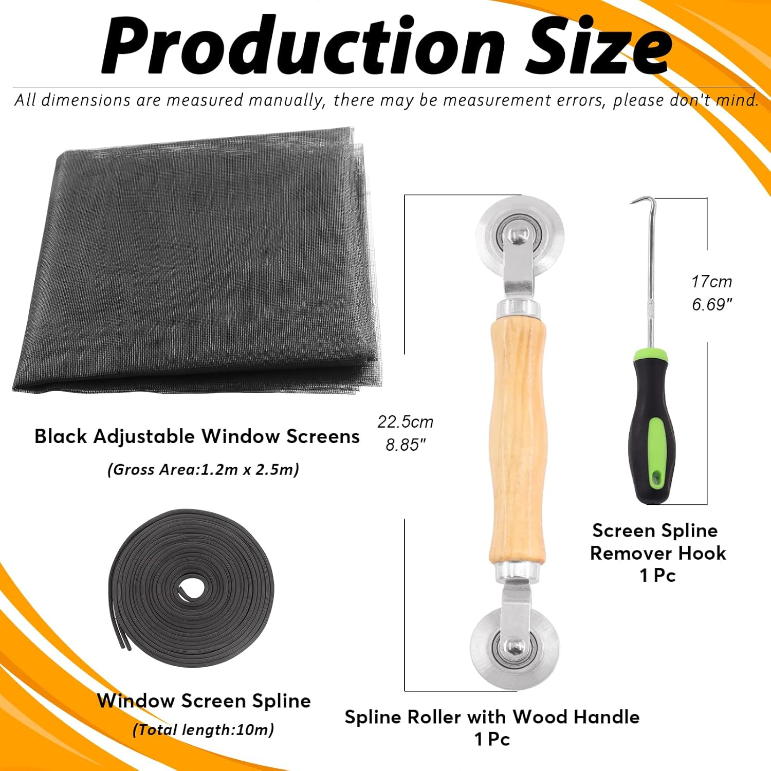 4Pcs Black Window Screen Door Repair Replacement Includes 120Cm X 250Cm Fiberglass Window Screen Mesh Spline Rolling Tool Screen Retainer Spline Remover Hook for Windows Flex Screen image number 1