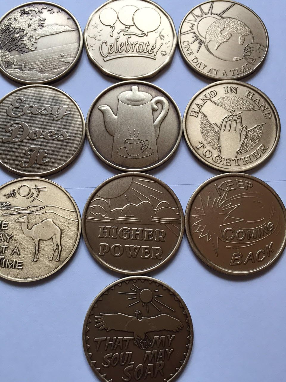 Sober-Sobriety-Serenity Set III (10 Total) Bronze AA (Alcoholics Anonymous) - Birthday / Anniversary / Recovery / Medallion / Coin / Chip image number 3