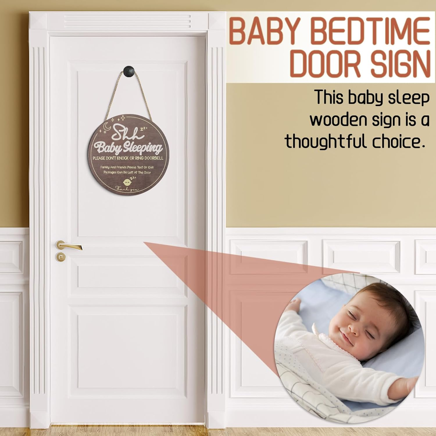 Wooden Shh Baby Sleeping Sign for Front Door, Hanging Do Not Knock or Ring Doorbell Sign with Rope, Rustic Front Porch Decorations Outdoor for Home Bedroom Nursery Wall (Brown) image number 6