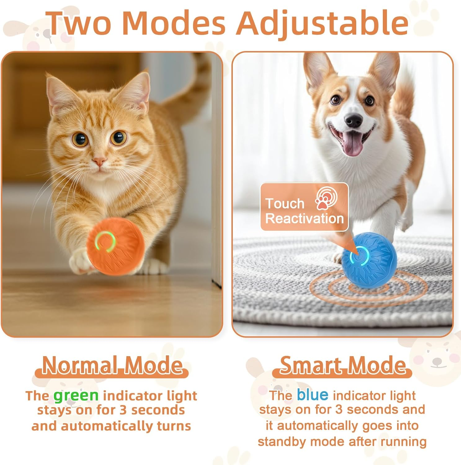 MR.TIMELAG Smart Interactive Dog Toy, Moving Activated Automatic Bouncing Rolling Dog Balls with Led Lights, Durable Sports Pet Toy For/Small/Medium Dogs,Usb Rechargeable(Orange+Blue) image number 4