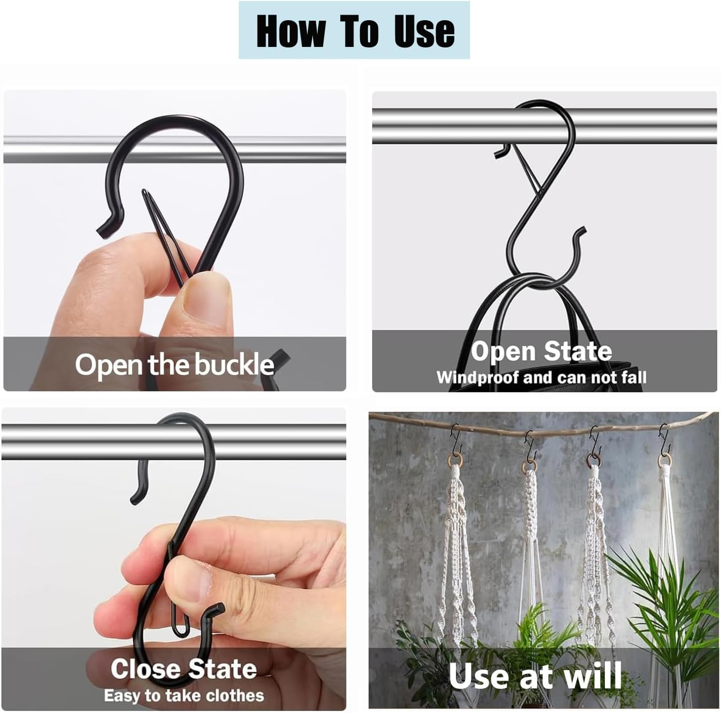 Aieve 10-Pack S Hooks with Safety Buckle, 3.5 Inch Heavy Duty S Hooks for Kitchen, Bathroom, Courtyard - Hanging Plants, Clothes, Pots and Pans, Bathing Utensils, Bags (Black)