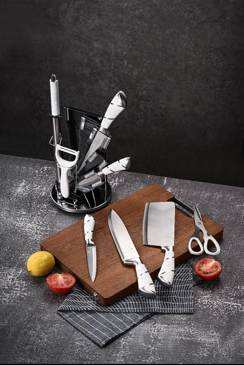 Knife Set 9Pc Stainless Steel, Professional Chef Knives with Ultra Sharp Blade, 360 Degree Rotating Block Stand, Pristine Marble White image number 1