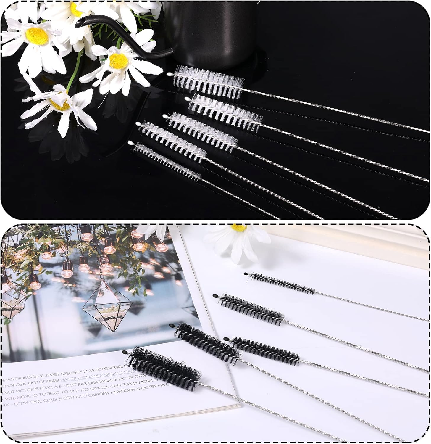 10Pcs Nylon Bottle Brush, 11.5 Inch Long Straw Brushes Nylon Tube Brush Set with 5 Sizes Bottle Cleaner Brushes for Cleaning Pipe Straw Wine Bottle Sink (Black, White)
