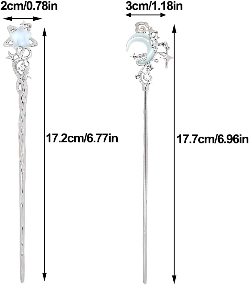 2Pcs Star Moon Hair Sticks for Buns Long Hair Metal Silver Hair Stick Pin Hair Chopsticks for Women Chinese Hairpin Hair Pin Vintage Hair Pins Hair Chopstick Hairstick Hair Accessories for Gifts