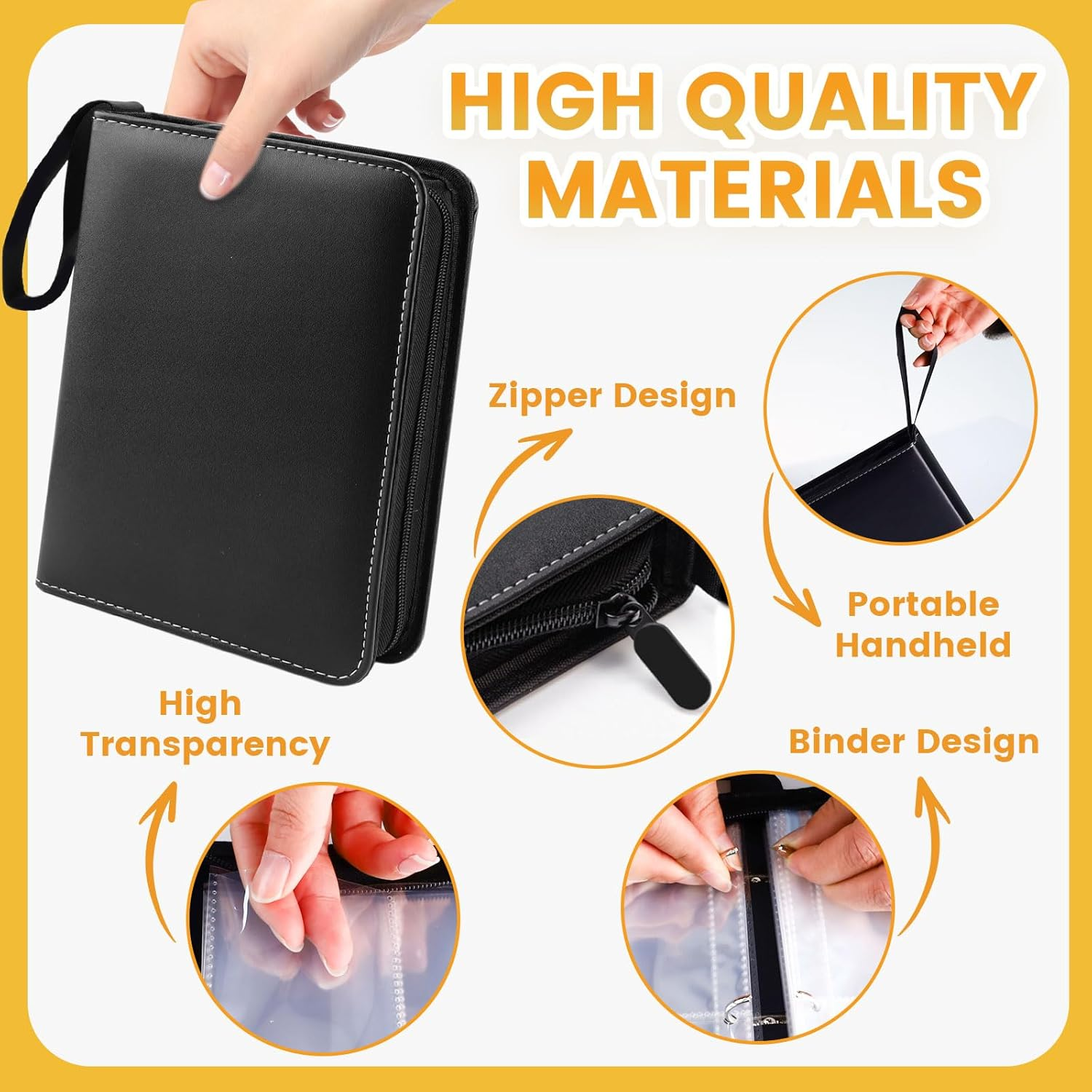 Yitexin Card Binder Case with 400 Pockets, Large Capacity Card Collection Binder with 50 Removable Sleeves, Portable Zipper Collectible Trading Card Albums with Hand Strap for Travel Game (Black) image number 4