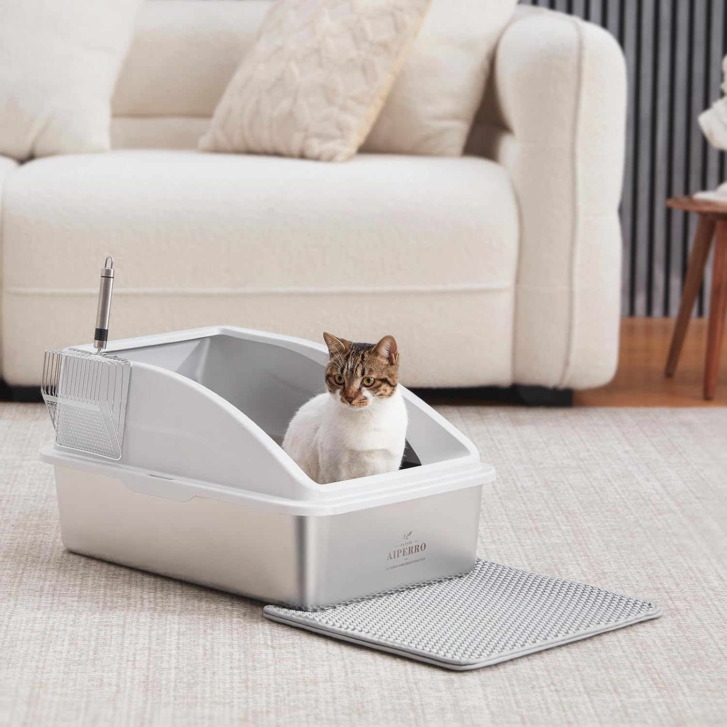 Stainless Steel Litter Box | XL Enclosed Cat Litter Boxs with Lid for Big Cats | High Sided, Anti-Urine Leakage | Non-Stick Bottom & Includes Litter Mat & Metal Scoop image number 3