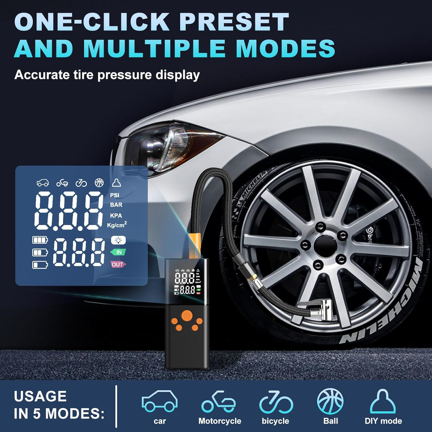 Tyre Inflator Portable Air Compressor Car Tyre Pump,10000Mah Dual Power Supply 150PSI Tyre Inflator Cordless Digital Dual Values Display Tyre Pump for Car Motorcycle Bike Ball image number 2