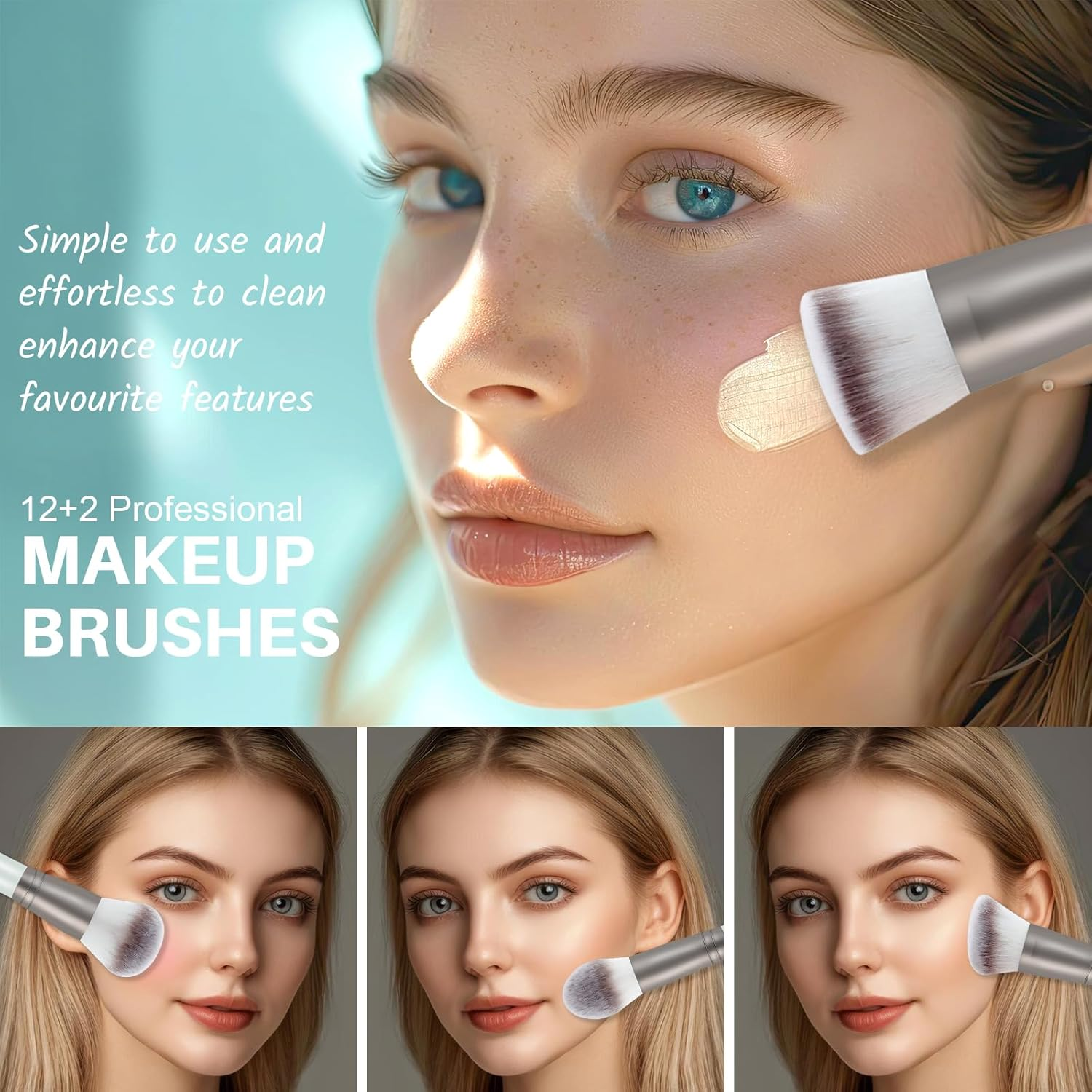 Start Makers Makeup Brushes 15Pcs Makeup Brush Set with Premium Foundation Brush Powder Concealer Eyeshadow Blush Make up Brushes Kit Includes 2 Blender Sponges and Mirror Gray, Blue image number 2