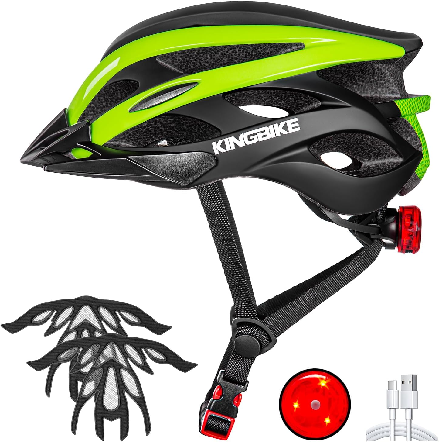 KINGBIKE Bike Helmet with USB Rechargeable Rear Light, Replaceable Liners,Ultra-Lightweight Comfortable for Adult Men Women Youth (54-61CM)