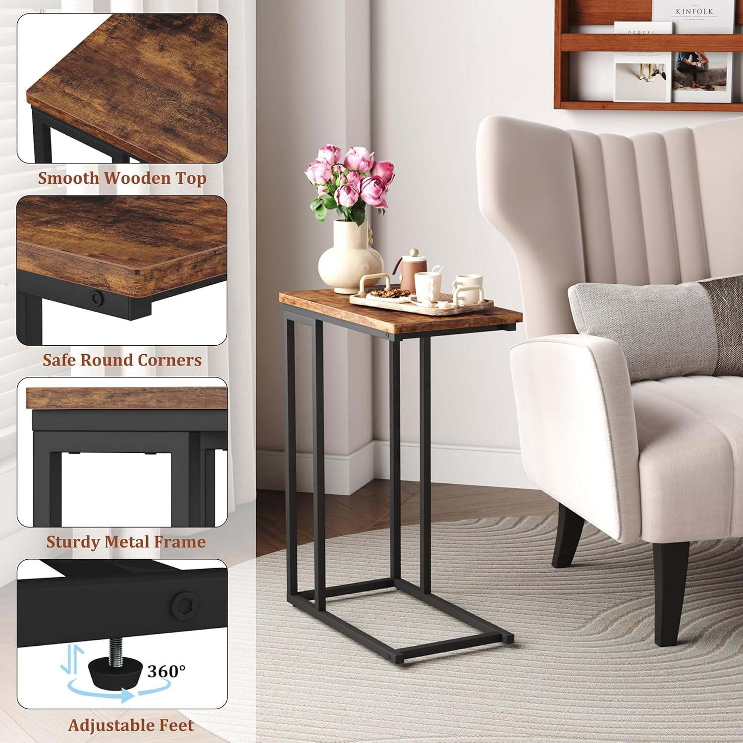 HOMEFORT Narrow C Shaped End Table - Space-Saving Side Table for Living Room, Bedroom, Sofa Small Spaces, Rustic Brown image number 6