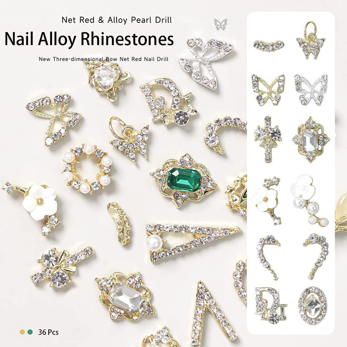 Ginojex 36Pcs 3D Nail Art Rhinestones Charms Alloy Crystal Gold Butterfly Gems Pearl DIY Manicure Salon Phone Case Decorations - Silver - 36Pcs image number 1