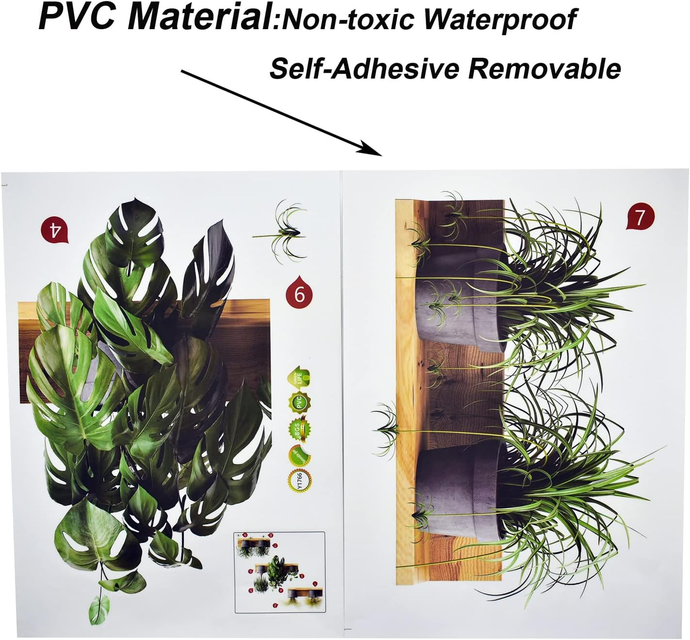 Maydahui Creative Green Pot Plants Leaves Wall Decals 3D Bonsai Tropical Plant Wall Sticker (34 X 31 Inch) Peel & Stick Removable Nature Art Mural Decor for Office Home Living Room Bedroom image number 5