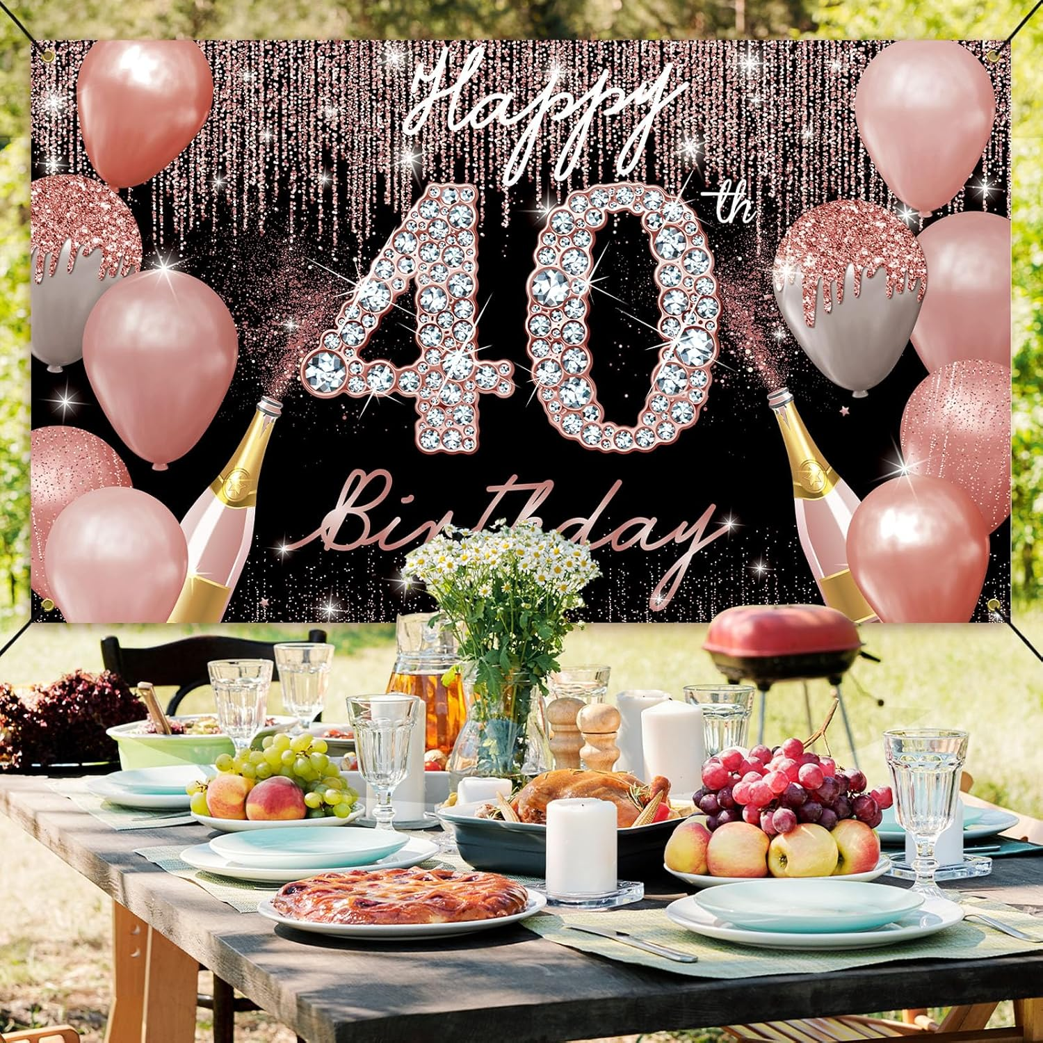 PHXEY Happy 40Th Birthday Backdrop Banner, 40Th Birthday Decoration for Women Rose Gold, 40 Year Old Birthday Party Yard Sign Photo Booth Props Background Poster, Forty Bday Decor, Fabric,