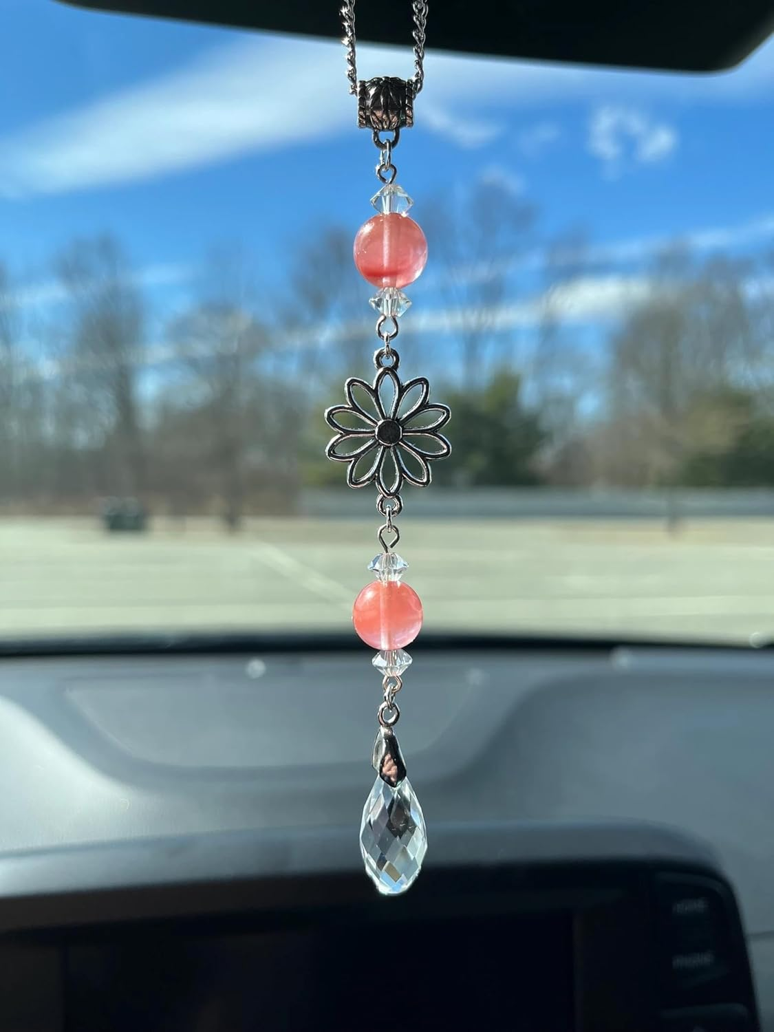 Agromusk Flower Rear View Mirror Car Charms,Crystal BOHO Car Mirror Hanging Decor for Women Men Healing Blue Aquamarine Sun Catcher Cute Car Decorations Accessories