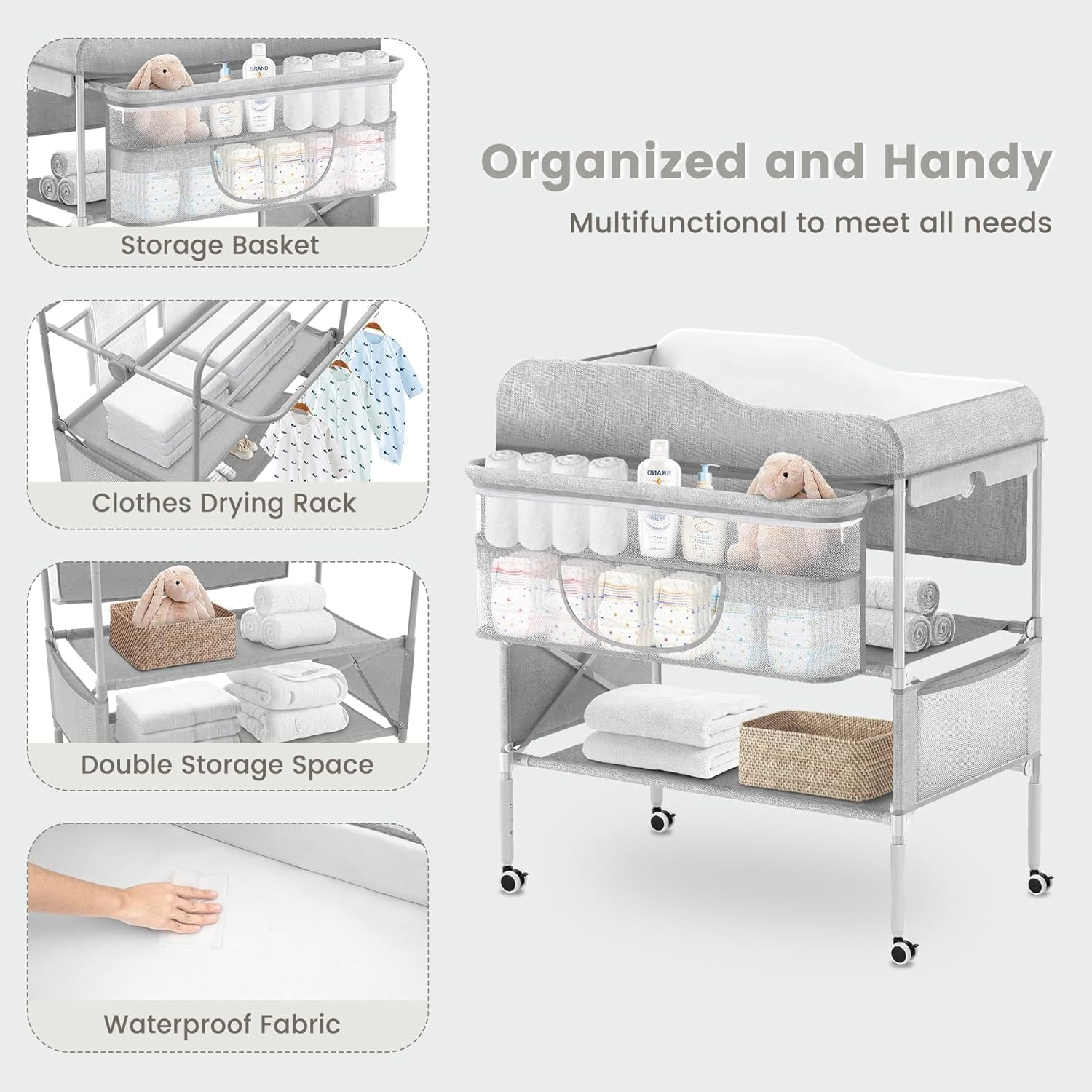 Portable Baby Changing Table, Folding Mobile Nursery Organizer with Wheels, Waterproof Diaper Station Pad Topper for Infant, Large Storage Rack&Adjustable Height image number 3