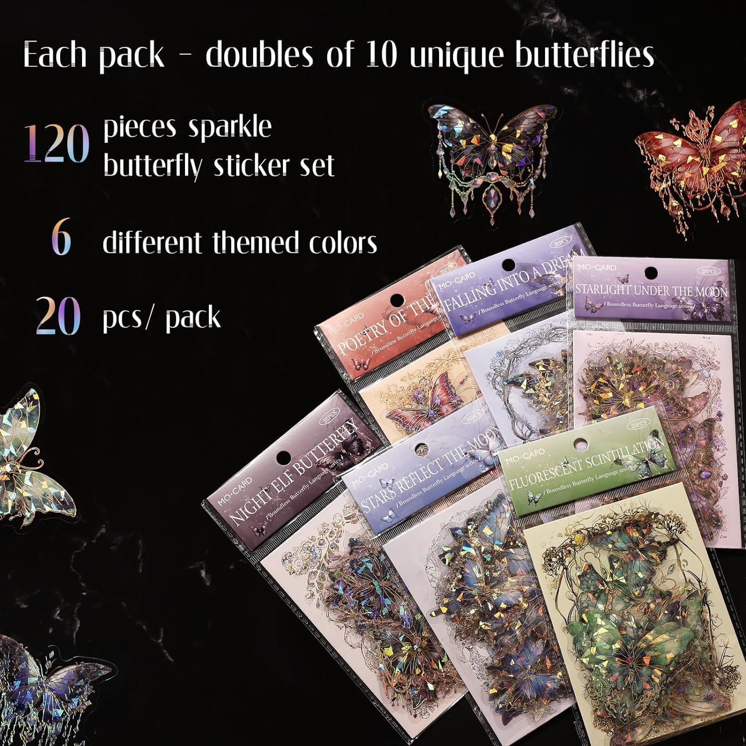 Butterfly Stickers Set - 120 Pcs Transparent Holographic Stickers for Scrapbooking, Resin Art, Junk Journals | Waterproof UV DTF Decals, Bullet Journal, Planner | Crystal, Fairy & Animal Themes