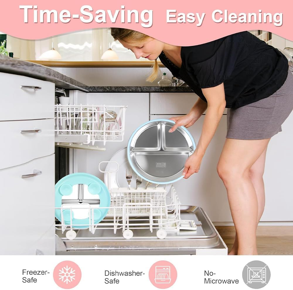 YUGO BABY Stainless Steel Divided Baby Plate with Removable Silicon Sleeve&Suction, Non-Slip Unbreakable Dishwasher Safe Metal Plates for Kids&Toddler Self Feeding Dinnerware (Quartz + Pink + Rose) image number 1