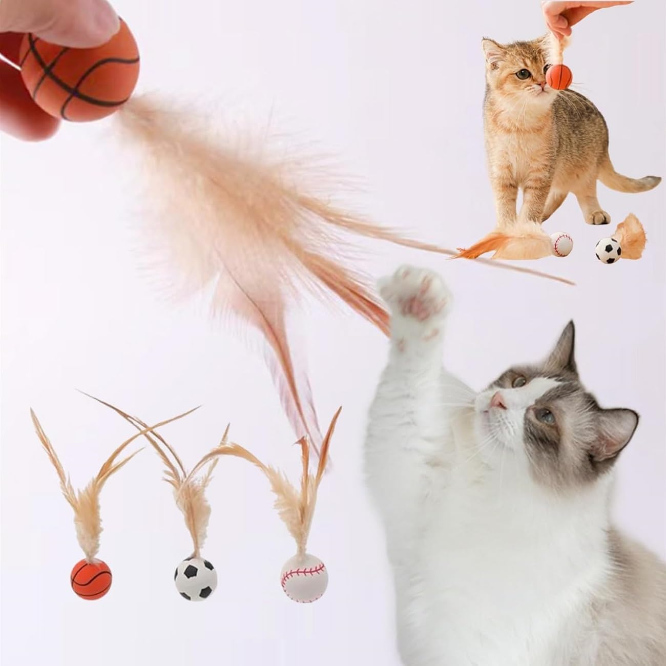 WADY 3PCS Interactive Feather Ball Toy for Cats - Bouncy Cat Toy with Elastic Tails, Indoor Rolling Exercise Ball for Kitty Play, Soft Feather (3) image number 1