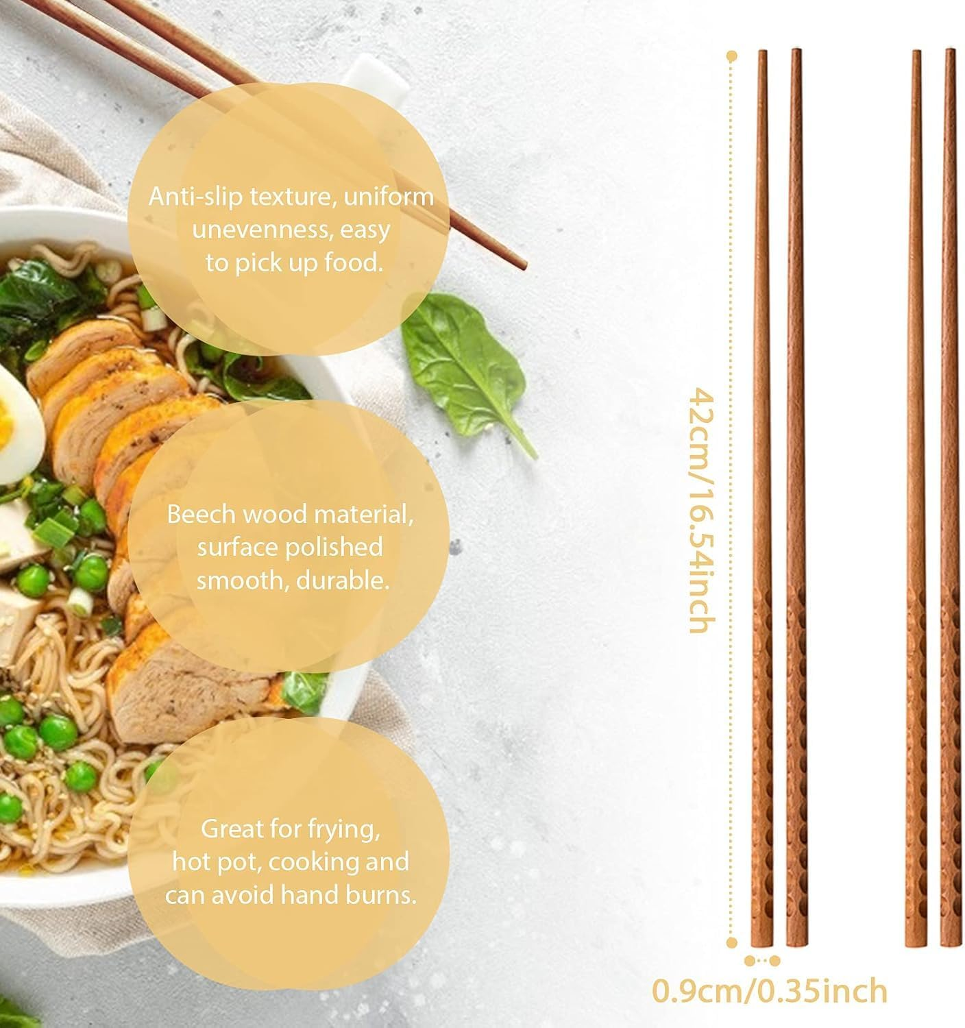 42Cm Extra Long Anti-Slip Wooden Cooking Chopsticks Set - 2 Pairs Reusable for Noodles, Frying, and Hot Pot - Durable Kitchen Utensils image number 5