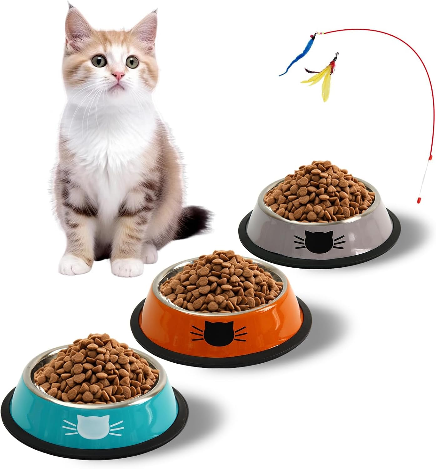3Pcs Cat Bowls Stainless Steel, Small Pet Bowl, Shallow Wide Flat Cat Food Bowls,Anti Slip Cat Food Bowl Suitable for Indoor Small Cats and Small Dog Animals (Blue Green Gray)