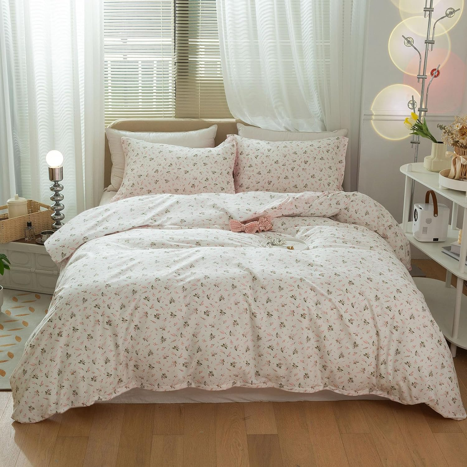 Full Comforter Set White Pink Floral Comforter Set Garden Style Flowers Bedding Comforter Set 3 Pieces Floral Bedding Sets for All Seasons Vintage Botanical Flowers Comforter with 2 Pillowcases image number 1