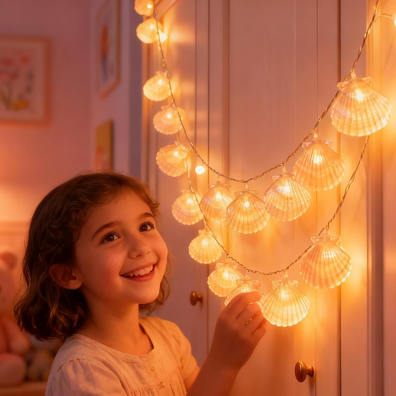 Foanlerck Fairy Lights with Shells Starfish 1.5 M 10 LED Fairy Lights Children Warm White Battery Operated, IP44 Waterproof Maritime Shell Lamp for Children'S Room Party Wedding Fairy Lights image number 1