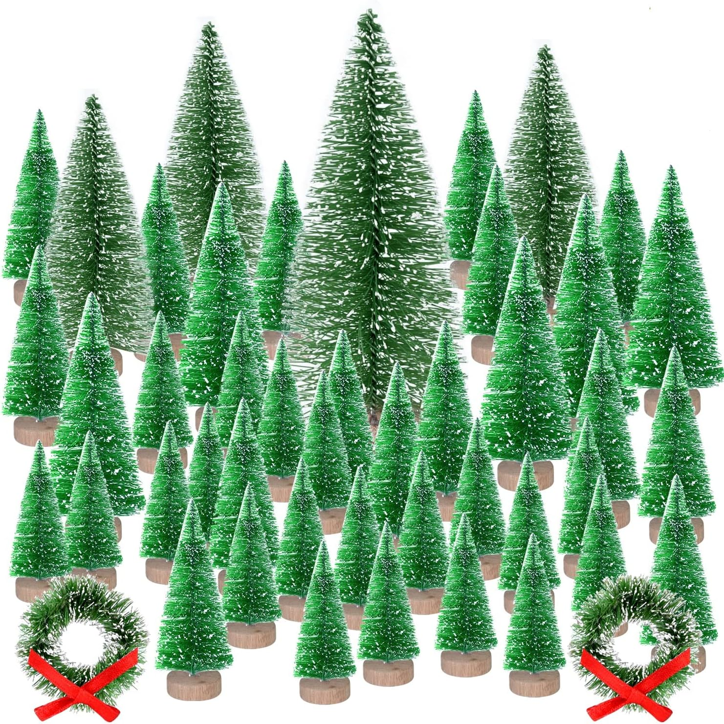 KUUQA 46Pcs Mini Christmas Village Trees Bottle Brush Trees Sisal Snow Forested Trees with Christmas Wreaths for Christmas House Decorations, Diorama Models image number 2