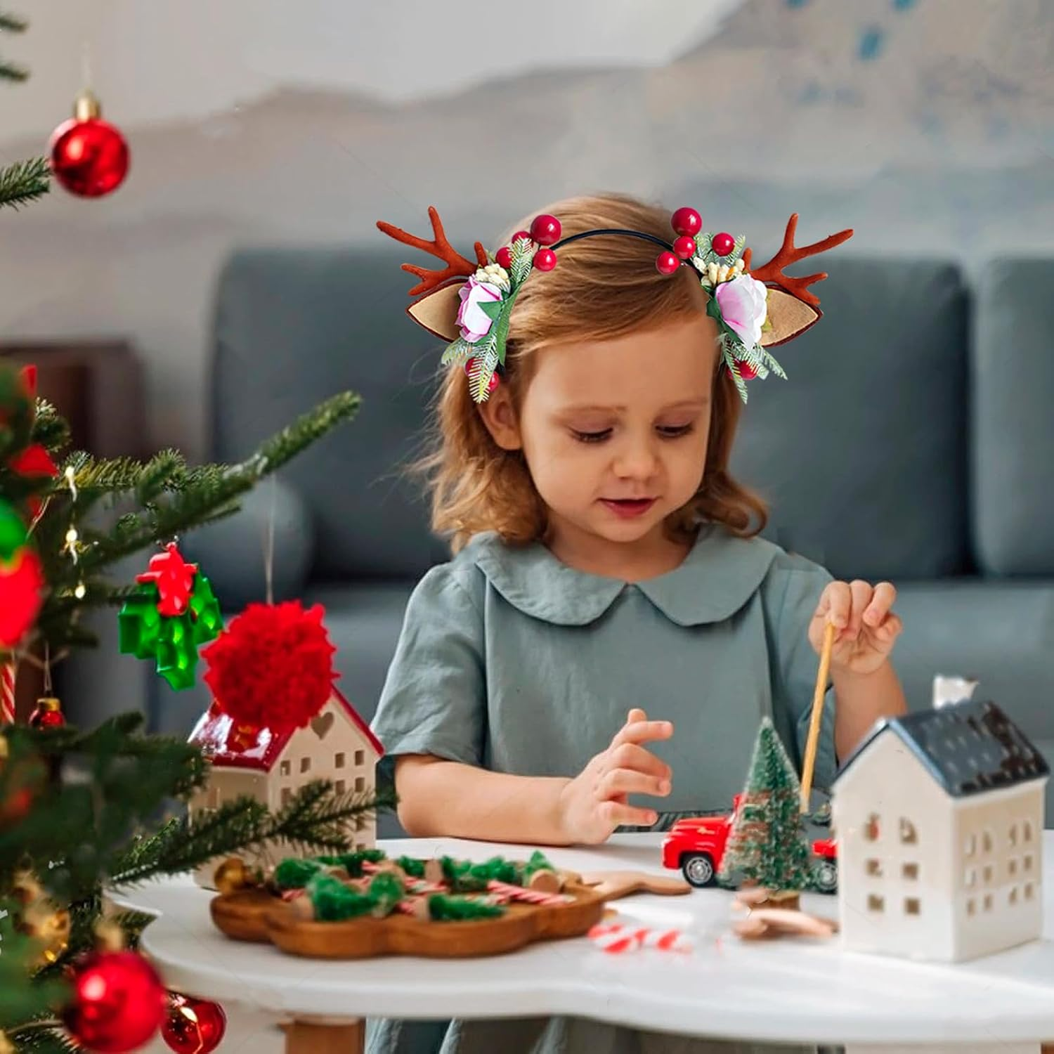 Christmas Antlers Headband, Reindeer Ears Headband, Antlers Floral Hair Band for Christmas Party, Christmas Hair Band, Christmas Party Headpiece for Women Girls, Christmas Party Festival image number 4