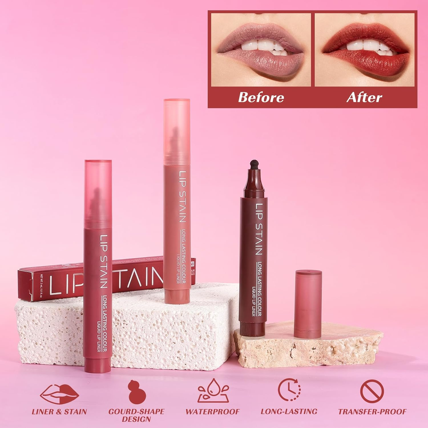 DAGEDA Lip Stain, Matte Color Look Lip Stain Marker, Waterproof Long Lasting Lip Liner, Smudge-Proof All Day Wear, Highly Pigmented, Smooth Application Marker Tint with Gourd Head 02 - Light Pink image number 2