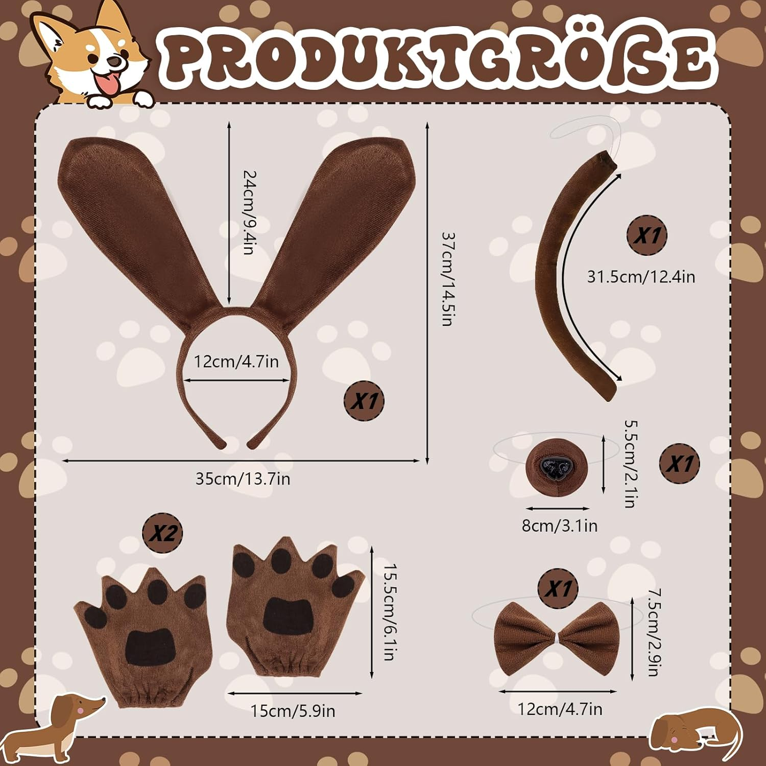 Jokureao 5 Piece Puppy Costume Set, Dog Headband Ears, Bow Tie, Tail, Paw Gloves, Animal Puppy Dog Costume Set for Adults Children Carnival World Book Day Cosplay Party image number 3