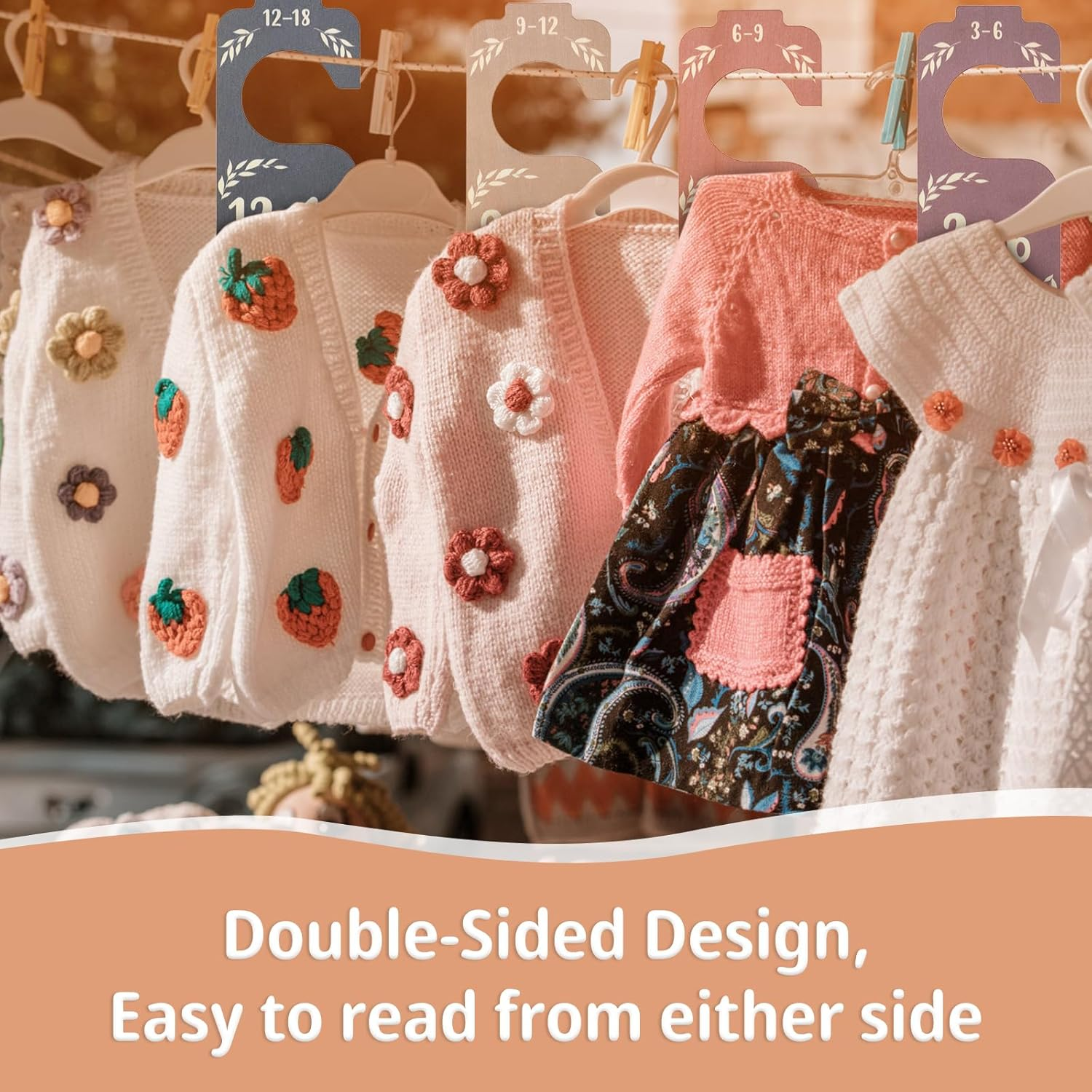 8Pcs Baby Closet Dividers for Clothing Organizer, Double-Sided Baby Wardrobe Divider Multi-Color Wooden Clothes Size Classification Hanger from Newborn to 24 Months Nursery Decor image number 4