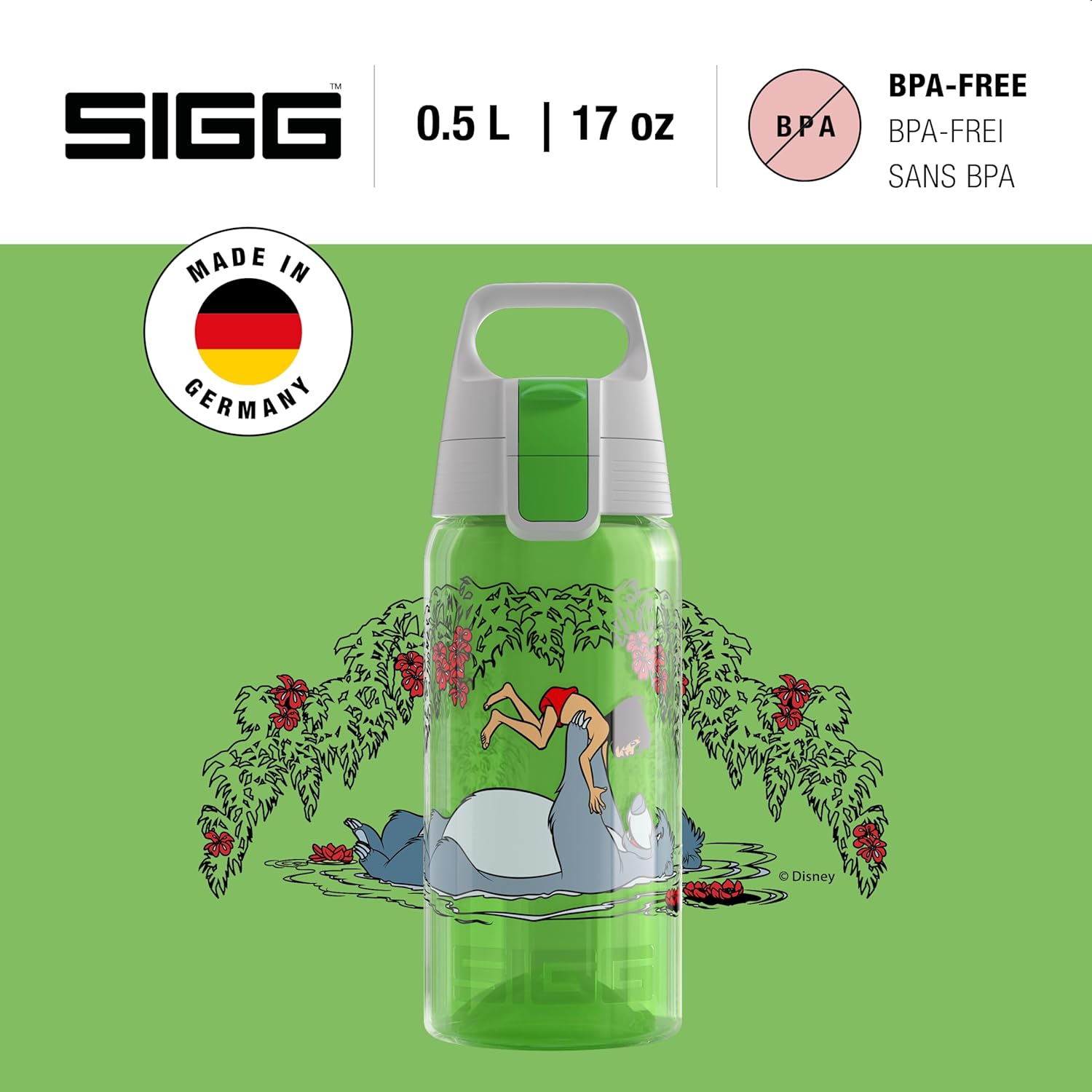 Sigg - Sports Water Bottle for Kids - Viva One Junglebook (Disney) - Suitable for Carbonated Drinks - Leak-Proof - Dishwasher Safe - BPA Free - for School & Sports - Green - 0.5L