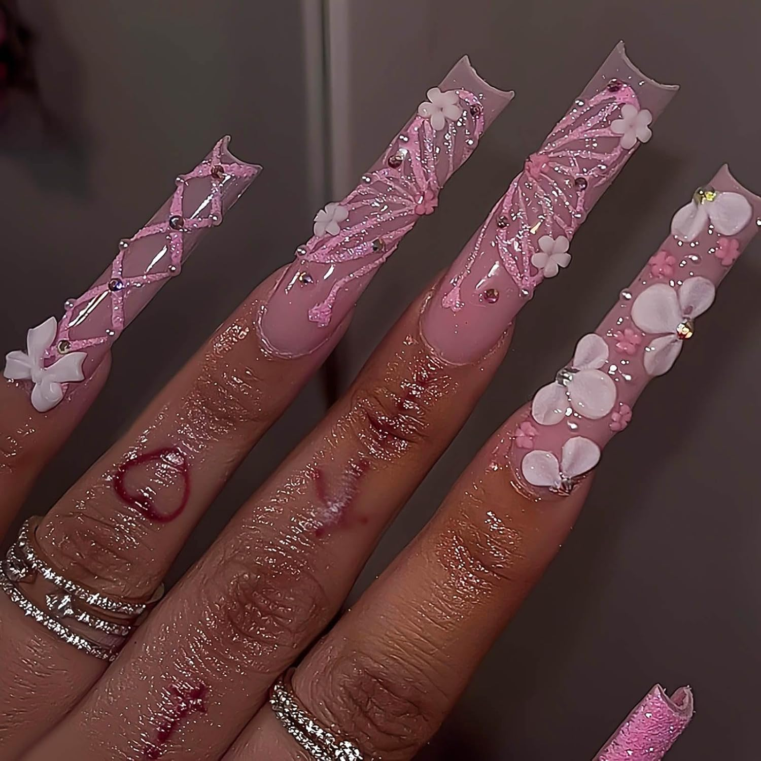 RUOKEXIN Square Long False Nails, Pink French Tip, Glitter, Butterfly Designs, Glue White Flowers, Artificial Cute Stick for Women, 24 Pieces image number 6