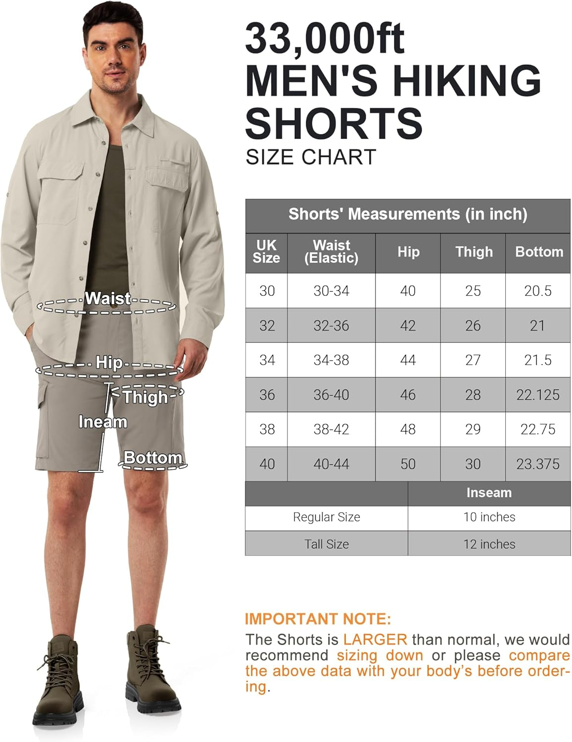 33,000Ft Men'S Golf Shorts with UPF50+ Summer Trekking Pants, Packable Outdoor Cargo Bermuda Shorts with 7 Pockets for Hiking, Camping, Travelling