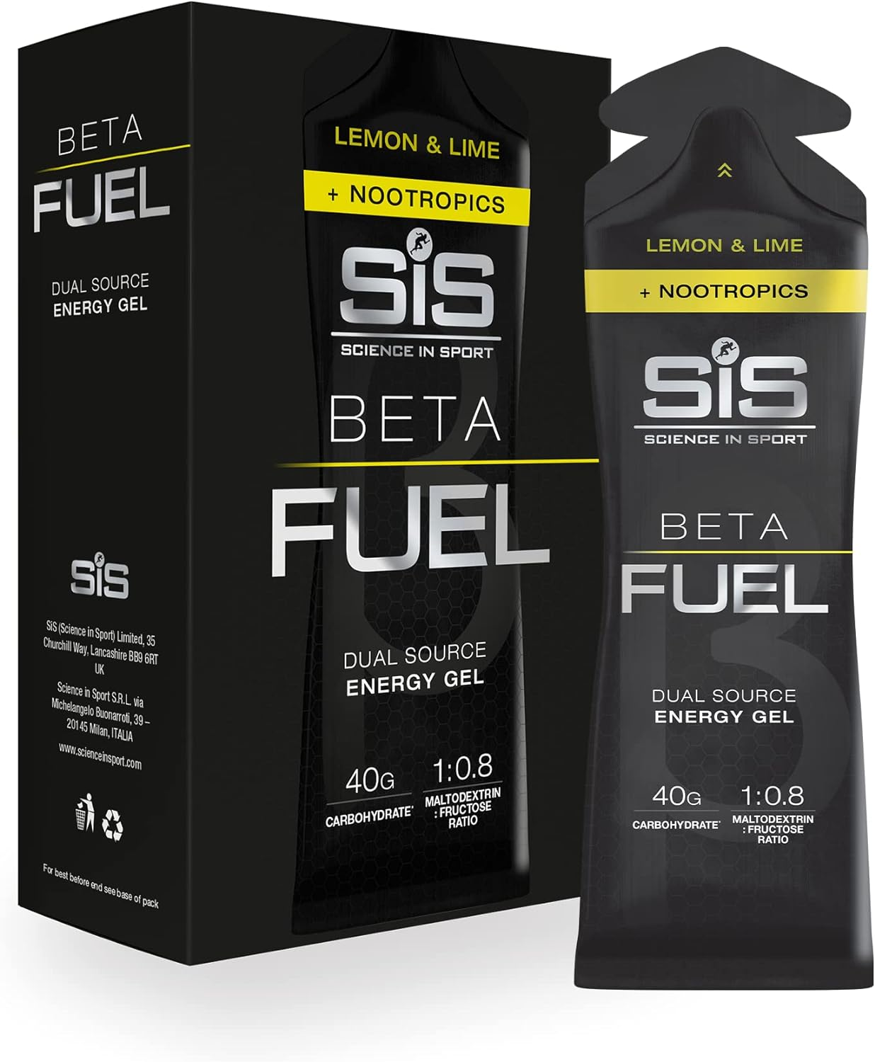 Science in Sport BETA Fuel Gels Dual Source Energy Gel, Lemon and Lime Flavour, 40G of Carbs per Pack, 60 Ml Pack (6 Pack) image number 1