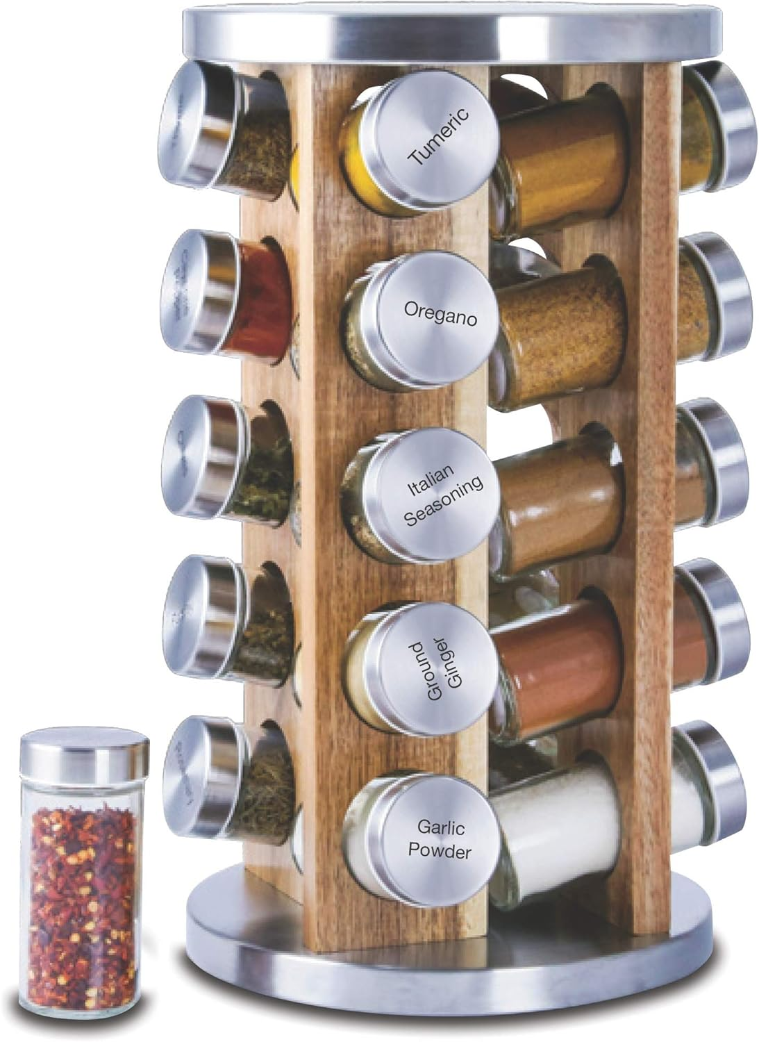 Orii 20 Jar Dark Acacia Wood Spice Rack with Spices Included - Rotating Tower Organizer for Kitchen Spices and Seasonings, Free Spice Refills for 5 Years (Dark Stained Acacia Wood)